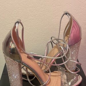Elegant Silver and Pink Strappy Heels